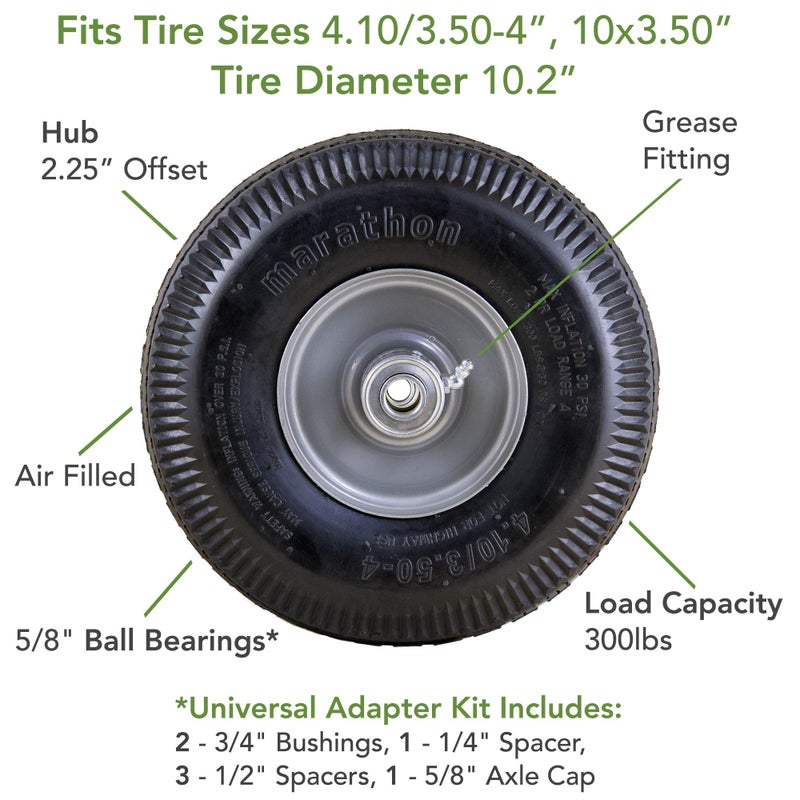 Marathon Universal Fit 4.10/3.50-4 Air Filled Hand Truck/Utility Tire, 5/8" Bearings,2.25" Offset to 4" Hub, Adapter Kit Included - Image 4